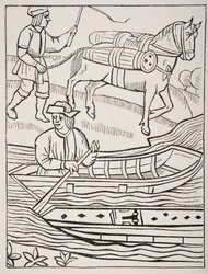 Fischtransport zu Wasser und zu Land, nach einem Stich in den königlichen Statuten der Kaufmannsvorsteher, 1528, aus 